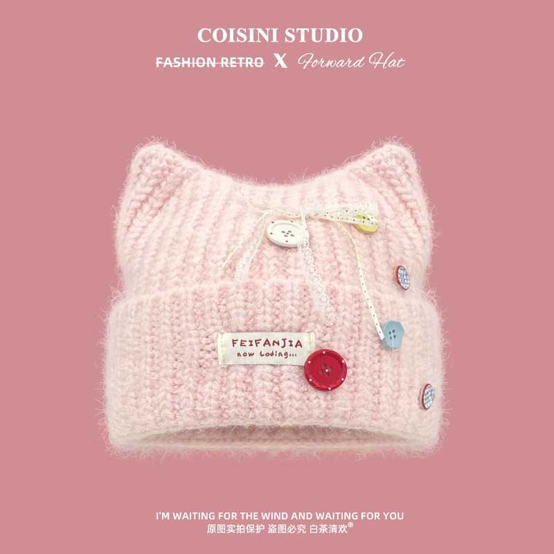 Beanie Cuffed Knit - Y2Kキュートな猫耳ニットビーニー、女性用、柔らかな毛糸、カラフルなボタン、レースのリボンパッチ、カフ付きスカルキャップ、冬用暖かい帽子