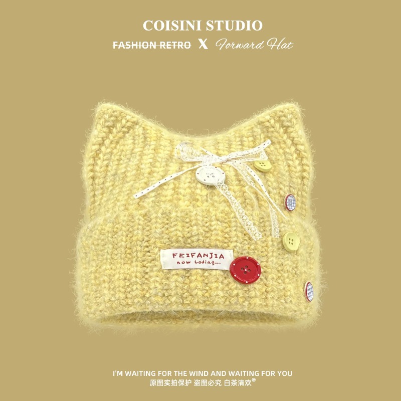Y2Kキュートな猫耳ニットビーニー、女性用、柔らかな毛糸、カ - Beanie Cuffed Knit のレビューと価格