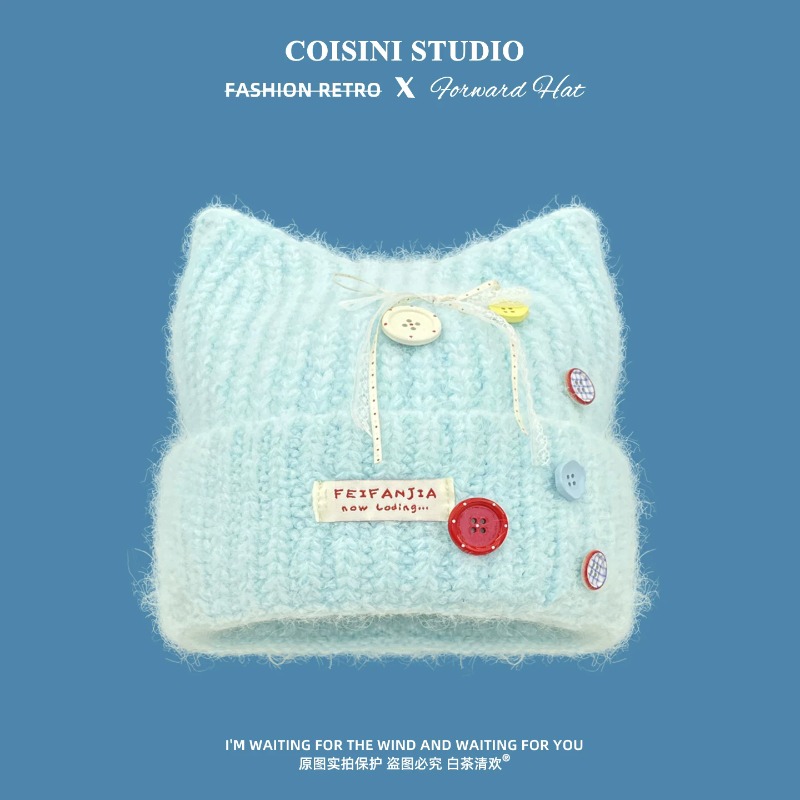 Y2Kキュートな猫耳ニットビーニー、女性用、柔らかな毛糸、カ - Beanie Cuffed Knit のレビューと価格
